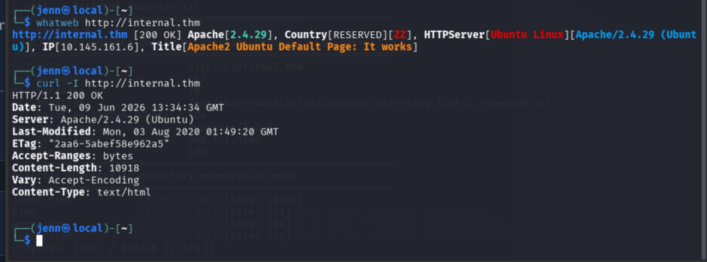 whatweb output for internal.thm showing Apache and Ubuntu